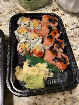 Spicy scallop roll (left) and Kyoto roll