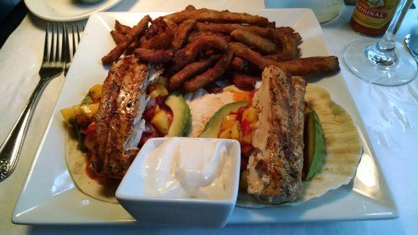 Mahi-mahi fish tacos and eggplant fries