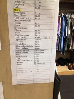 Prices for clothing, etc.