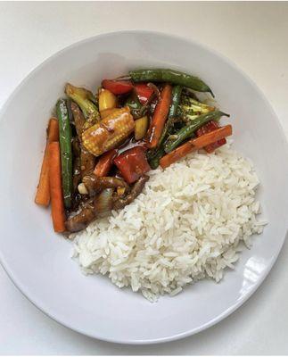 Beef stripe teriyaki with veggies and plain steamed white rice