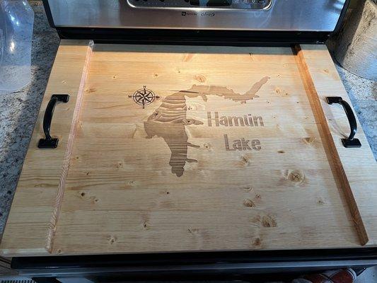 Noodle board/stove cover with custom engraving.