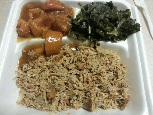 Chopped BBQ, candied yams, and collard greens.