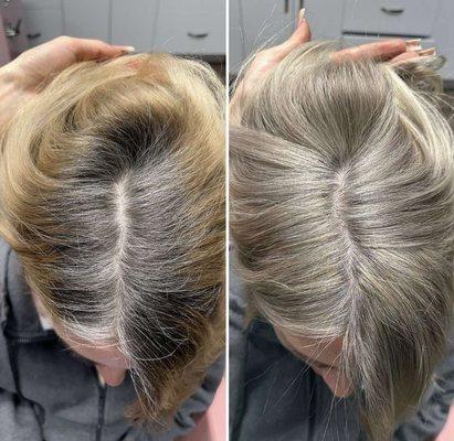 beautiful work . air touch. Root shadowing. She blended in my gray hair and toned it.