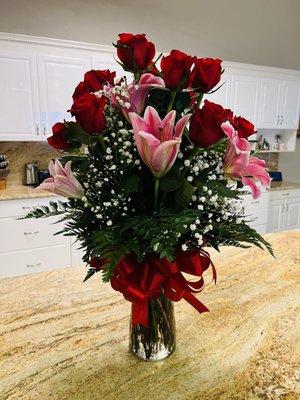 Stargazer Lillies and Red Roses.