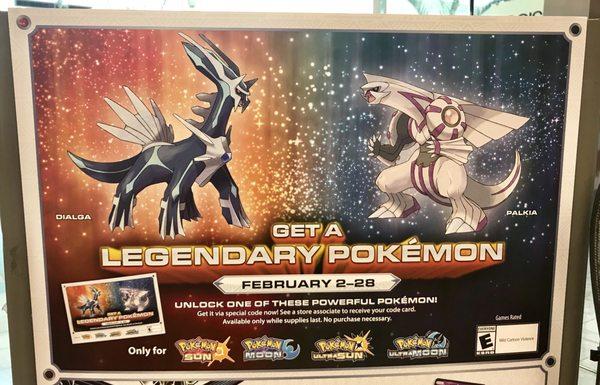 Get Dialga and Palkia in your Pokémon Sun, Moon, Ultra Sun, and Ultra Moon games from 02/02/2018 to 02/28/2018.