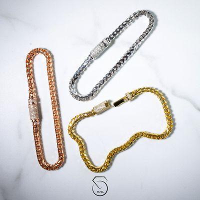 Some of our Men's & Unisex franco bracelets with diamond lock.  All styles, sizes & colors available.