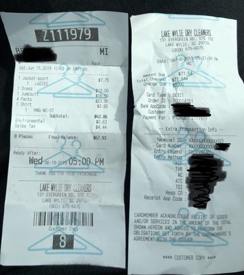 The first receipt is what I received when I dropped off my clothes. The second receipt is was my final payment for their mistake