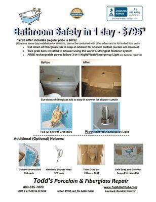 Todd's installs grab bars and converts fiberglass tubs to step-in shower to help you be safe in your bathroom - room where mo...