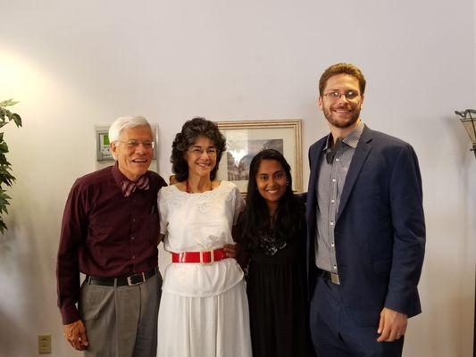 Retiring senior pastor Jim Porter and his wife Frances with new senior pastor, Gary Derbyshire and his wife, Rezwana.