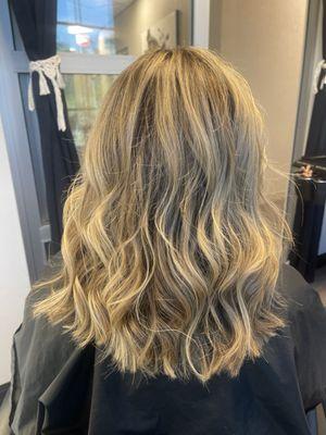 Highlight + color touch up + haircut style