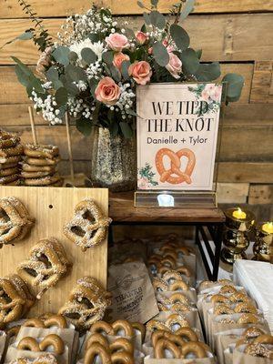 Ya Cakes and Catering created this Pretzel Bar for my daughters Wedding at the Knotty Barn and it was so beautiful.