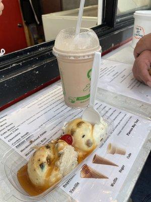 Sundae with cookie dough scoop and Treasure Island scoop with caramel. PB Chocolate shake