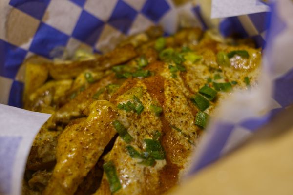 Dante's Inferno Fries!  Bangin!  Chicken, Boardwalk hot sauce, fried onions, cheese and ranch dressing!