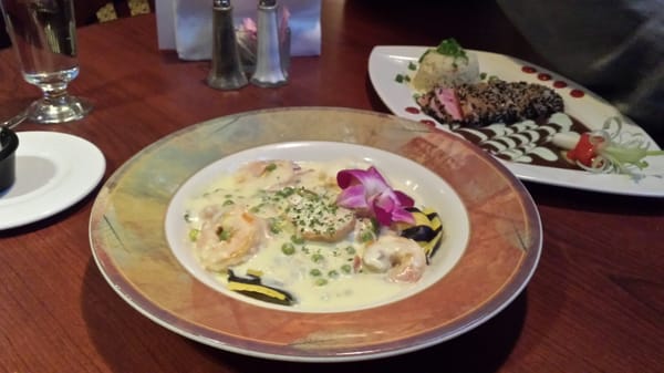 Shrimp carbonara with lobster ravioli