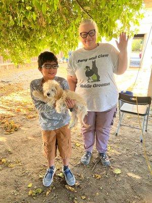 BEFORE pic of my son with his dog Canelo and Candace(the groomer)