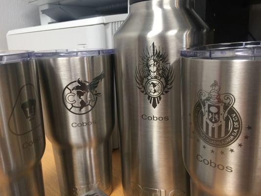 Laser engraved team logos on stainless steel