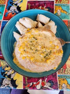 Corn chowder in a bread bowl