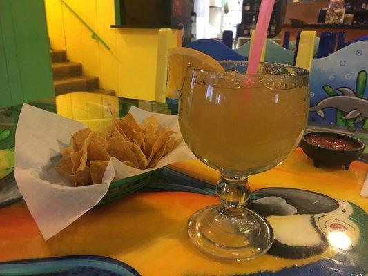 Large fresh Cadillac Margarita and fresh chips. Yum!