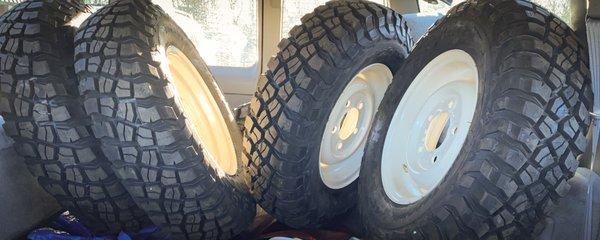 Newly mounted BFG Mud Terrain KM3s for my restored 1974 Land Rover Series III.  Balance weights were placed out of sight inside the rim.