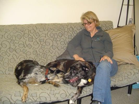 Valerie with Ponko and Maia in the Lounge