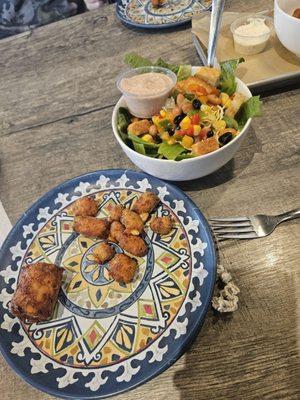 Tater barrel and cheese turds and southwest salad