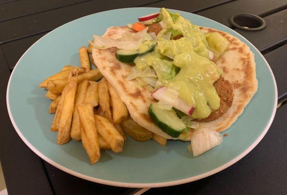 Vegan Falafel with Avocado Aioli Sauce served with fries and drink.