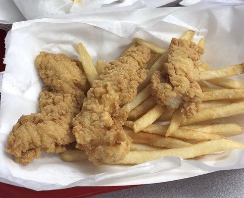 My $5 3 piece chicken strip basket lunch. I only see 2-1/2 strips.