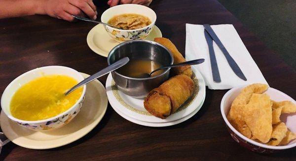 Egg drop soup and egg rolls. The soup was perfectly seasoned. Quite possibly the best egg drop soup I've ever had.