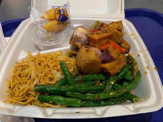 1 entree, Eggplant Tofu with lo mein and spicy green beans