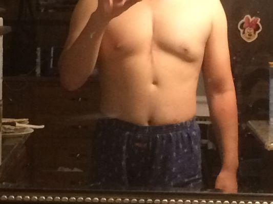 Picture taken from mirror. Depending on where the lighting is it can look like as if my right lower chest is sagging. Pretty embarrassing.