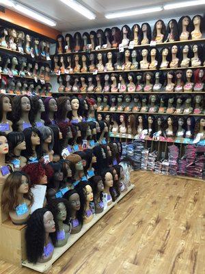 A variety of wig styles to try on.