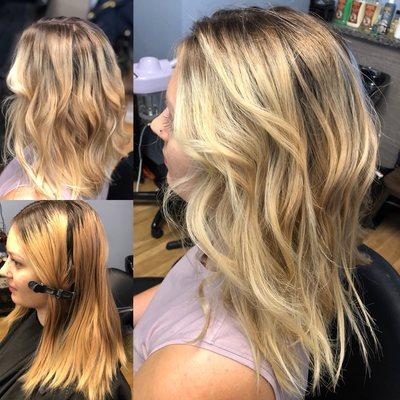 Balayage and root smudge to brighten and blend her blonde hair.