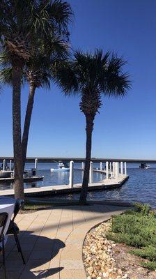 View from the patio of the bridge and marina