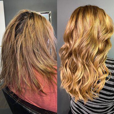 Hair extensions and balayage hair color.