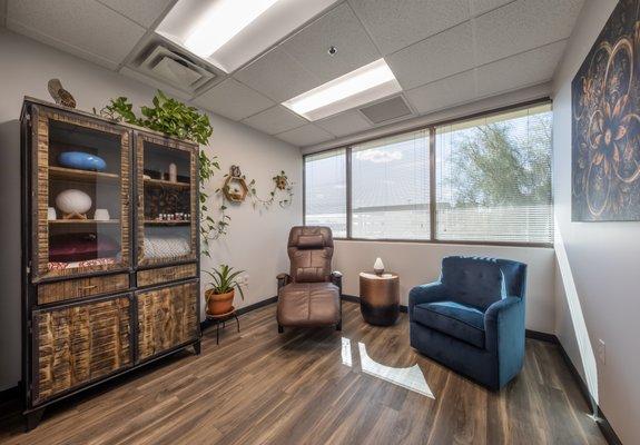 The "Cosmic Flower" Treatment Room. All rooms feature a zero gravity recliner for a comfortable medicine journey.