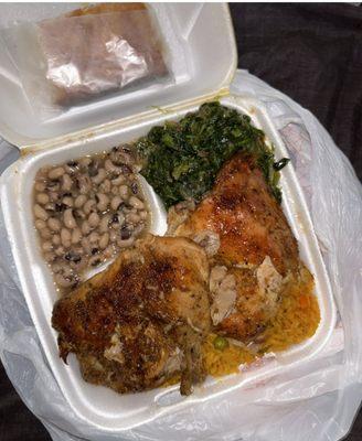 Baked Chicken  Jollof Rice  Spinach  Black Eyed Peas  Cornbread with Real Pieces Of Corn Inside