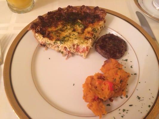 Salmon & dill quiche with sweet potato mash (chocolate chip pumpkin muffin not featured in photo but GOOD!).