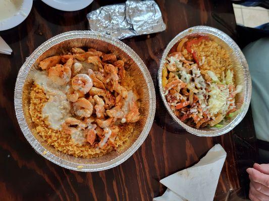 Fajitas to go and shrimp and rice with cheese to go