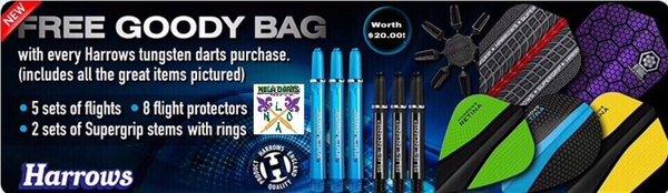 Starting today with purchase of any Harrows Brand Darts we have in store!
Harrows Steel, or Soft tip Dart set.