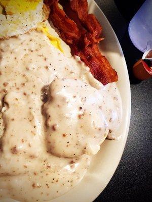 Biscuits and gravy and bacon and eggs...soooo much food!