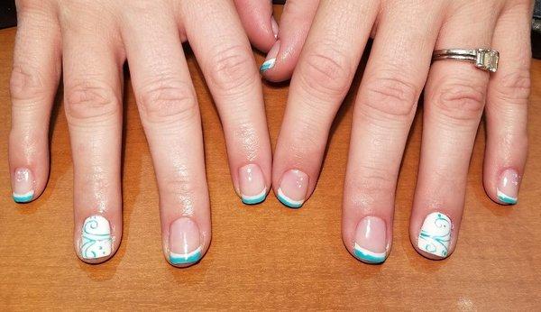 Pink and white with a teal twist. Gel Mani.