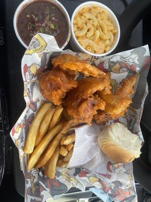 Wing lovers (Spicy) side of red beans and rice & Mac & cheese. Dinner roll & seasoned French fries.