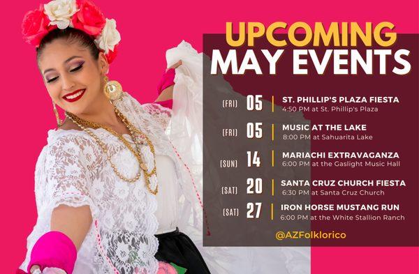 Arizona Folklorico Dance Co's upcoming May 2023 events in Tucson, Green Valley, Sahuarita, Oro Valley including the Gaslight Theatre