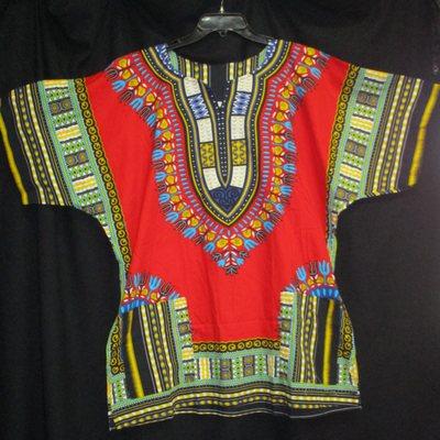 Red Dashiki, unisex and can be worn by men or women.