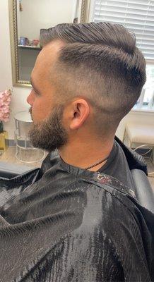 Beard line up and combover fade