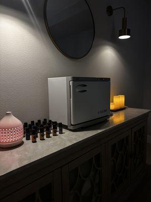 Massage room with hot towels and aromatherapy