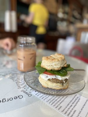 Breakfast sandwich and honey bear iced latte