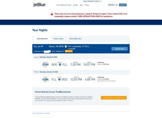 JetBlue site wouldn't let me cancel. 2-hour wait to try to reach customer service.