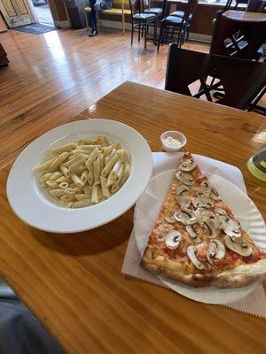 Slice of cheese, mushrooms pizza & penne pasta.