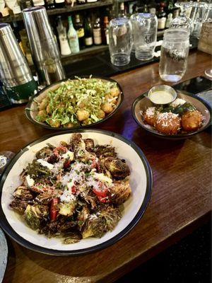 Crispy Honey Brussels Sprouts, Totchos (top), Fried Pimento Cheese Balls (right)